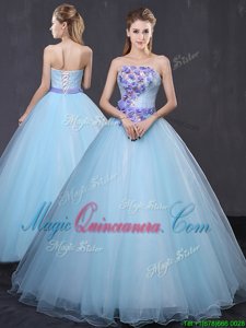 Fashionable Light Blue Ball Gowns Tulle Strapless Sleeveless Appliques and Belt Floor Length Lace Up Quinceanera Gowns