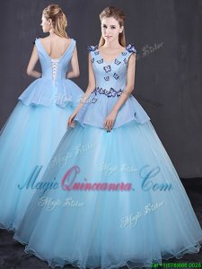 Colorful Light Blue Sleeveless Floor Length Appliques Lace Up Quinceanera Gown