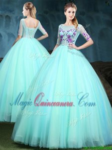 On Sale Scoop Half Sleeves Vestidos de Quinceanera Floor Length Appliques Apple Green Tulle