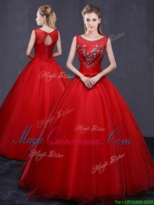 Glorious Scoop Beading and Embroidery Sweet 16 Quinceanera Dress Red Lace Up Sleeveless Floor Length