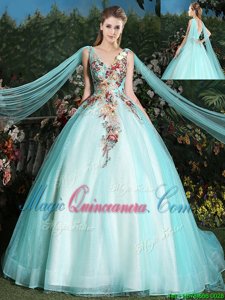 Fancy Tulle V-neck Sleeveless Brush Train Lace Up Appliques Sweet 16 Quinceanera Dress in Aqua Blue