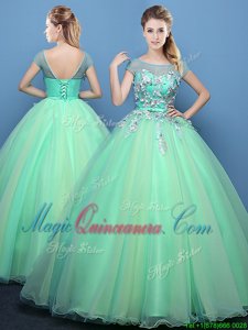 Yellow Green Tulle Lace Up Scoop Cap Sleeves Floor Length Quince Ball Gowns Appliques