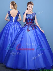 New Style Scoop Cap Sleeves Tulle Floor Length Lace Up Vestidos de Quinceanera in Royal Blue for with Appliques