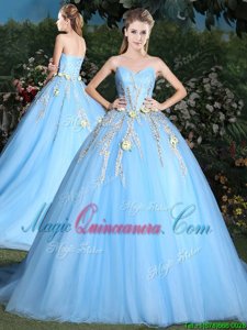 Glorious Light Blue Ball Gowns Tulle Sweetheart Sleeveless Appliques Lace Up Sweet 16 Dresses Brush Train