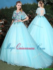 Captivating Aqua Blue Scoop Lace Up Appliques Vestidos de Quinceanera Brush Train Half Sleeves