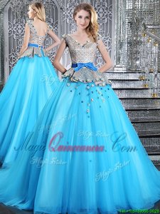 Glittering Baby Blue Ball Gowns V-neck Sleeveless Tulle Brush Train Lace Up Appliques and Belt Sweet 16 Dresses