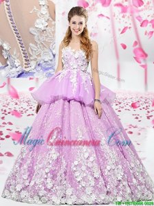 High Class Scoop Organza and Tulle Sleeveless Floor Length Quinceanera Dress and Lace and Appliques