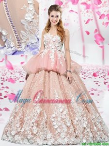 Traditional Scoop Pink Sleeveless Lace and Appliques Floor Length Quinceanera Dresses