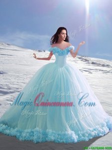Sexy Off the Shoulder Cap Sleeves Tulle Court Train Lace Up Quinceanera Gowns in Baby Blue with Hand Made Flower