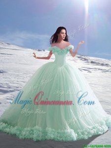 Off the Shoulder Sleeveless Tulle Court Train Lace Up 15th Birthday Dress in Apple Green for with Hand Made Flower