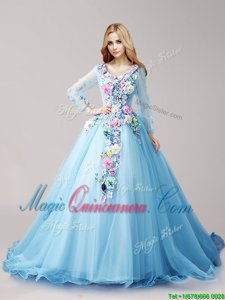 Shining Tulle Long Sleeves Vestidos de Quinceanera Brush Train and Hand Made Flower