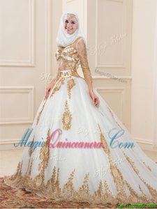 Charming White Ball Gowns Tulle V-neck 3|4 Length Sleeve Appliques Zipper Sweet 16 Quinceanera Dress Sweep Train