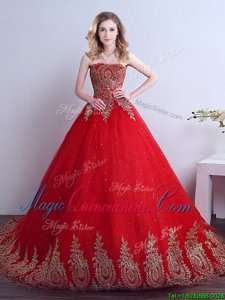 Sleeveless Tulle Court Train Lace Up Sweet 16 Quinceanera Dress in Red for with Appliques and Sequins