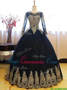 Eye-catching Scoop Floor Length Lace Up 15 Quinceanera Dress Navy Blue and In for Military Ball and Sweet 16 and Quinceanera with Appliques