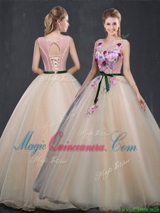 Smart Scoop Floor Length A-line Sleeveless Champagne Quinceanera Dresses Lace Up
