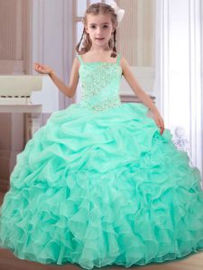 High Quality Straps Floor Length Lace Up Little Girl Pageant Dress Apple Green for Quinceanera and Wedding Party with Beading and Ruffles and Pick Ups