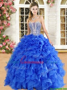Fashionable Royal Blue Organza Lace Up Strapless Sleeveless Floor Length 15th Birthday Dress Beading and Ruffles