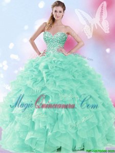 Custom Design Apple Green Organza Lace Up Ball Gown Prom Dress Sleeveless Floor Length Beading and Ruffles
