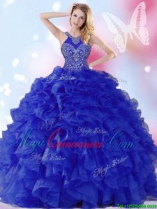 Decent Royal Blue Halter Top Neckline Beading and Ruffles 15th Birthday Dress Sleeveless Lace Up