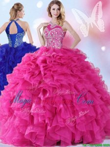 On Sale Halter Top Sleeveless Organza Ball Gown Prom Dress Beading and Ruffles Lace Up