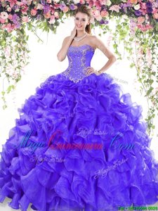 Purple Vestidos de Quinceanera Military Ball and Sweet 16 and Quinceanera and For with Beading and Ruffles Sweetheart Sleeveless Sweep Train Lace Up