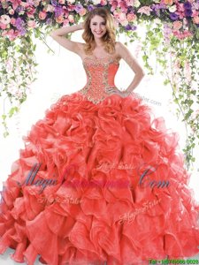 Red Ball Gowns Sweetheart Sleeveless Organza Sweep Train Lace Up Beading and Ruffles Vestidos de Quinceanera