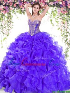 Admirable Sweetheart Sleeveless Quinceanera Dress Sweep Train Beading and Ruffles Purple Organza