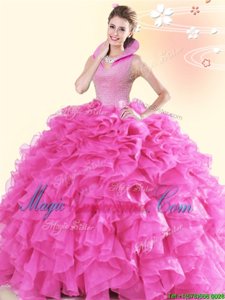 Hot Pink Backless High-neck Beading and Ruffles Sweet 16 Quinceanera Dress Organza Sleeveless