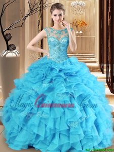 Baby Blue Scoop Lace Up Beading and Ruffles Sweet 16 Dress Sleeveless