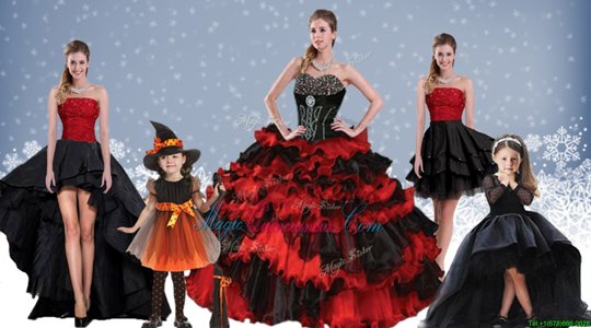 Flirting Sweetheart Sleeveless Quinceanera Gowns Floor Length Beading and Ruffled Layers Red And Black Satin and Organza