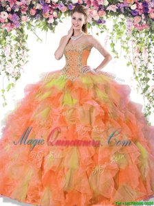 Nice Sleeveless Organza Floor Length Lace Up Sweet 16 Dress in Orange Red for with Beading and Ruffles