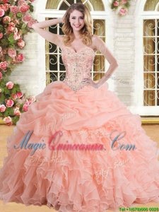 Graceful Peach Sweetheart Neckline Beading and Appliques and Ruffles and Pick Ups 15 Quinceanera Dress Sleeveless Lace Up