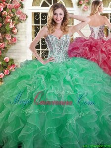 Green Lace Up Sweetheart Beading and Ruffles Quinceanera Dresses Organza Sleeveless