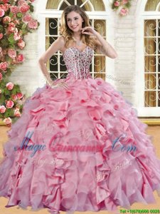 Colorful Floor Length Baby Pink Quinceanera Gown Organza and Taffeta Sleeveless Beading and Ruffles