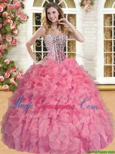 Adorable Floor Length Lace Up Sweet 16 Quinceanera Dress Pink and In for Military Ball and Sweet 16 and Quinceanera with Beading and Ruffles