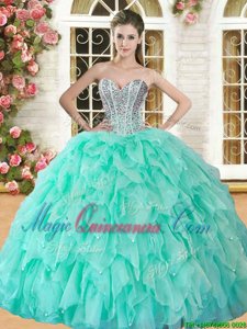 Sleeveless Organza Floor Length Lace Up Quince Ball Gowns in Apple Green for with Beading and Ruffles