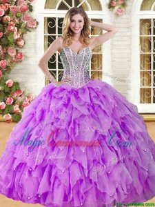 Flare Eggplant Purple Organza Lace Up Quinceanera Gowns Sleeveless Floor Length Beading and Ruffles