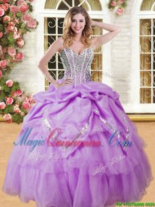 Designer Sleeveless Organza Floor Length Lace Up Sweet 16 Quinceanera Dress in Lilac for with Beading and Pick Ups
