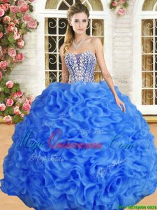 Amazing Beading and Ruffles 15th Birthday Dress Royal Blue Lace Up Sleeveless Floor Length