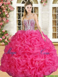 Exquisite Sleeveless Organza Floor Length Lace Up Vestidos de Quinceanera in Hot Pink for with Beading and Ruffles
