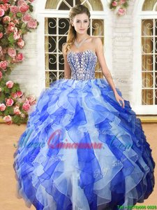 Beading and Ruffles Quinceanera Dresses Blue And White Lace Up Sleeveless Floor Length