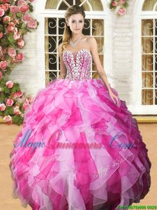 Artistic White and Hot Pink Lace Up Sweetheart Beading and Ruffles Quince Ball Gowns Organza Sleeveless
