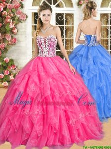 Stunning Sweetheart Sleeveless Lace Up Quinceanera Dress Hot Pink Organza