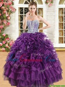 Custom Made Sleeveless Floor Length Beading and Ruffles and Ruffled Layers Lace Up Quince Ball Gowns with Purple