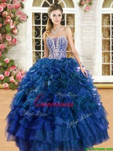 Ruffled Royal Blue Sleeveless Organza Lace Up 15th Birthday Dress for Military Ball and Sweet 16 and Quinceanera