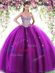 Glittering Eggplant Purple Sweetheart Neckline Beading Quinceanera Gown Sleeveless Lace Up