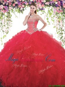 Flare Floor Length Lace Up 15 Quinceanera Dress Red and In for Military Ball and Sweet 16 and Quinceanera with Beading