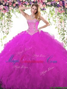 High End Sleeveless Floor Length Beading Lace Up 15th Birthday Dress with Fuchsia