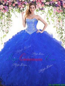 Royal Blue Ball Gowns Tulle Sweetheart Sleeveless Beading Floor Length Lace Up Quinceanera Gowns