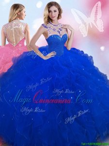 High-neck Sleeveless Vestidos de Quinceanera Floor Length Beading Royal Blue Tulle